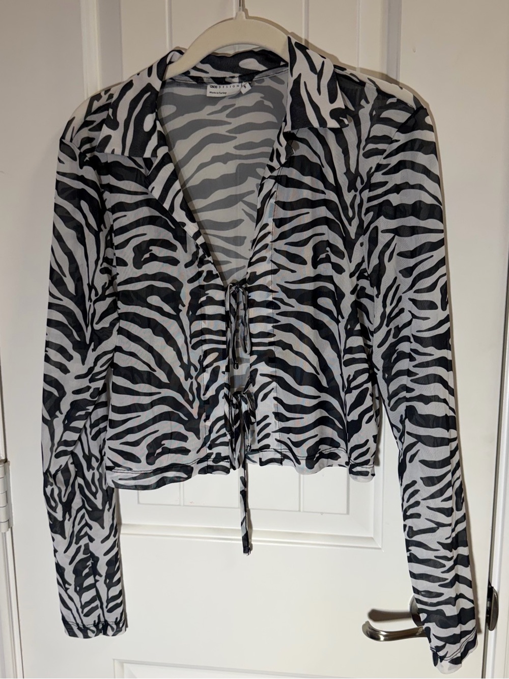 ASOS DESIGN Zebra Print Sheer Mesh Tie Front Top Size 6